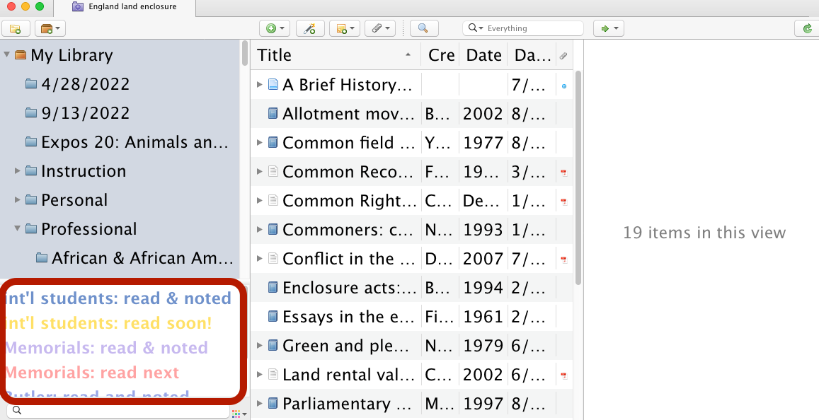 location of tag pane in lower left-hand corner of Zotero library