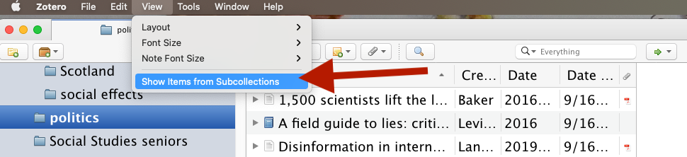 view items from subcollections menu option